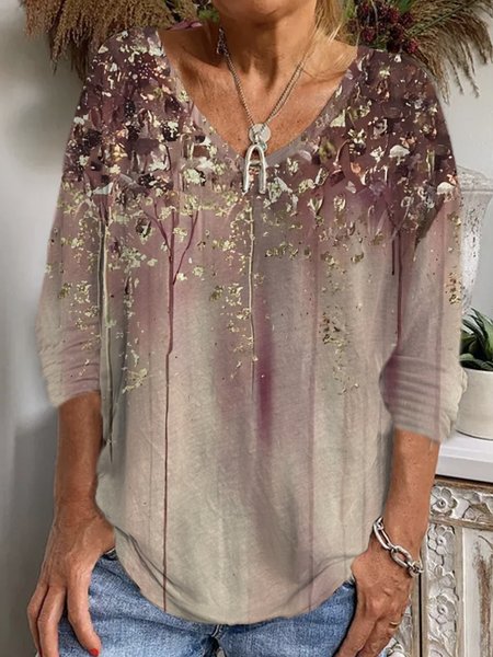 

Casual Abstract V Neck Long Sleeve T-shirt, Coffee, T-shirts