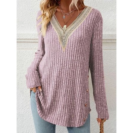 

Crew Neck Long Sleeve Polka Dots Lace Regular Micro-Elasticity Loose Blouse For Women, Pink, Blouses