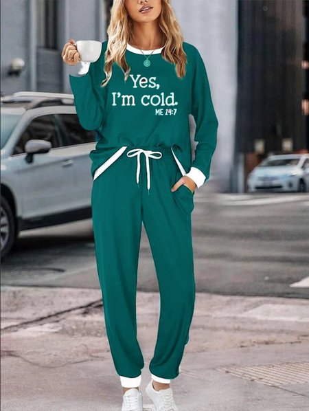 Women Text Letters Crew Neck Long Sleeve Comfy Casual Top With Pants Two-Piece Set, Green, Sets