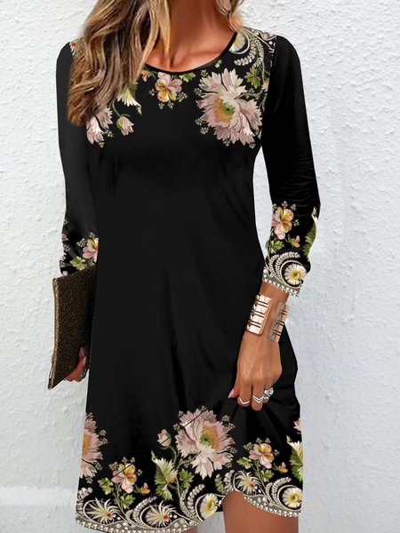 

Floral print casual round neck long sleeved women's dress, Black, Mini Dresses