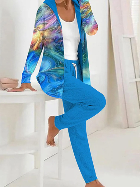 

Women Abstract Hoodie Long Sleeve Comfy Casual Coat With Pants Two-Piece Set, Blue, Sets