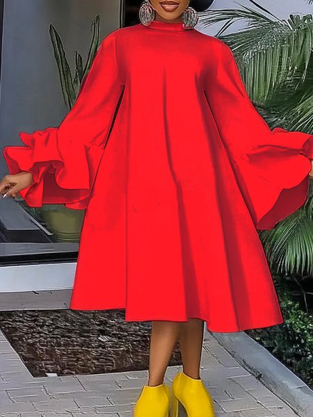 Elegant bell sleeve swing dress, Red, Midi Dresses