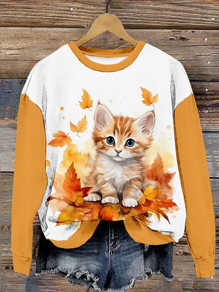 Casual Crew Neck Cat Sweatshirt, White-yellow, Hoodies & Sweatshirts