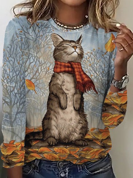 

Casual Cat Crew Neck Long Sleeve T-shirt, Orange, T-shirts