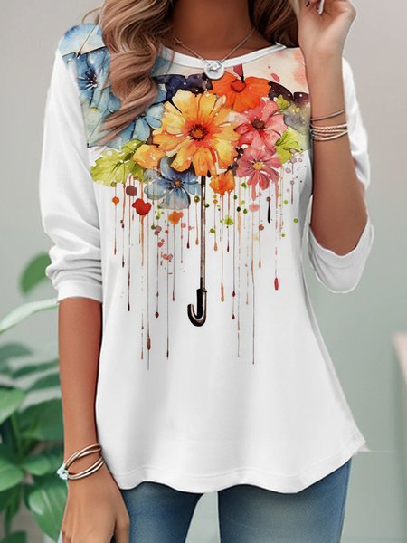 Casual Floral Crew Neck Long Sleeve T-shirt, White, T-shirts