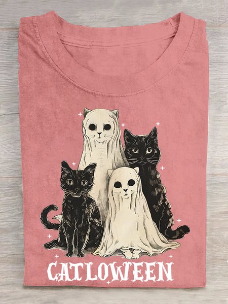 

Catloween Funny Halloween Cotton T-shirt, Orange pink, T-shirts
