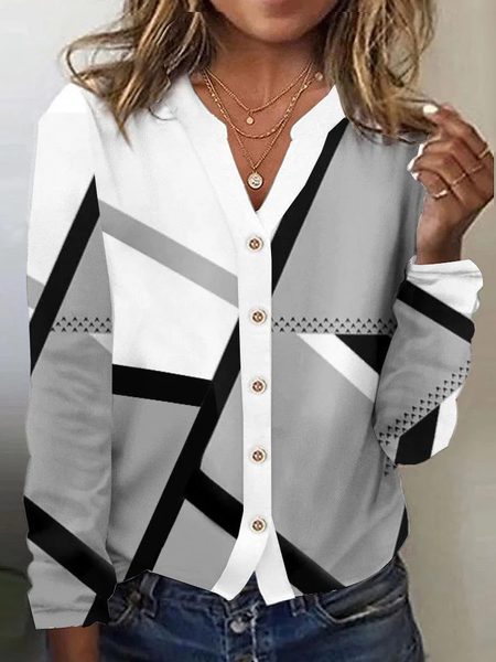 

Women's Long Sleeve Blouse Spring/Fall Color Block Buckle V Neck Daily Going Out Casual Top, Black, Shirts & Blouses