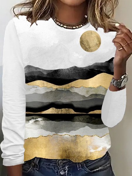 

Casual Landscape Painting Crew Neck Long Sleeve T-shirt, White, T-shirts