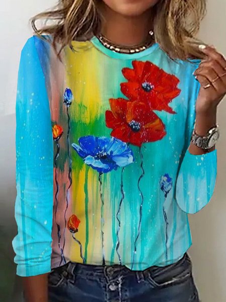 

Casual Floral Crew Neck Long Sleeve T-shirt, Multicolor, T-shirts