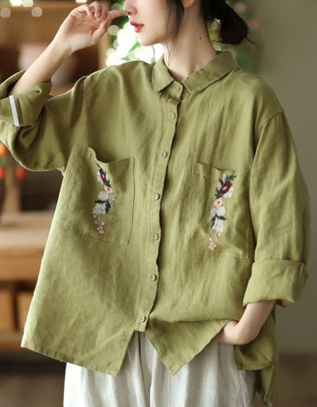 

Embroidery Patterns Vintage Cotton Loose Shirt, Green, Long/Full Length Sleeve
