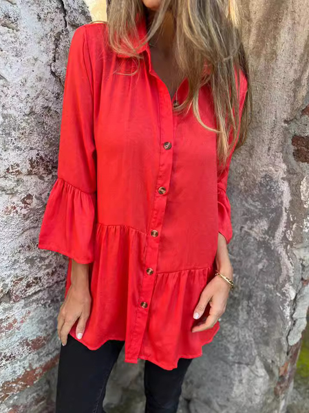 

Plain Loose Casual Shawl Collar Shirt, Red, Blouses & Shirts
