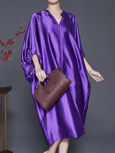 

Raglan Sleeves Elegant V Neck Loose Dress, Purple, Midi Dresses