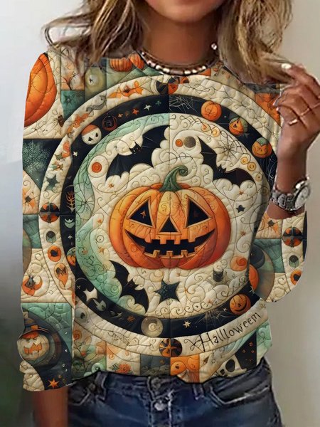 

Casual Halloween Cute Pumpkin Print Crew Neck Long Sleeve T-shirt, Multicolor, T-shirts