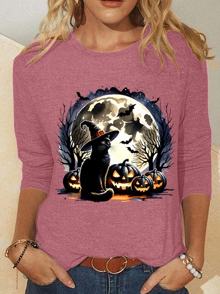 

Happy Halloween Cat Casual Long Sleeve Shirt, Watermelon, Long sleeves