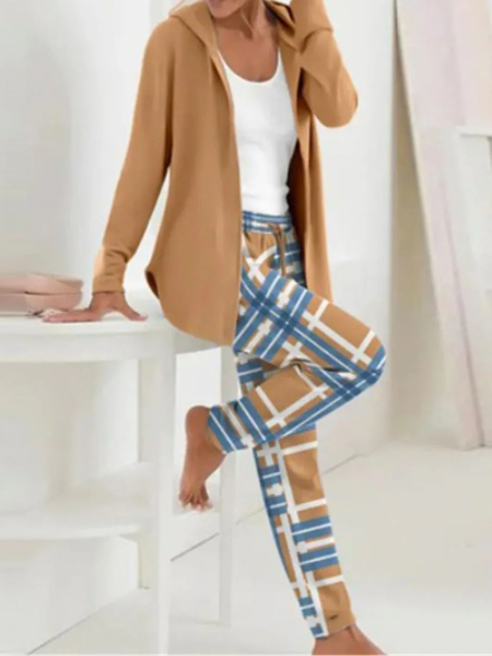 

Women Plaid Hoodie Long Sleeve Comfy Casual Coat With Pants Two-Piece Set, Khaki, Sets