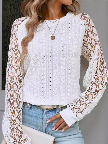 

Crew Neck Long Sleeve Plain Lace Regular Micro-Elasticity Loose Blouse For Women, White, Blouses