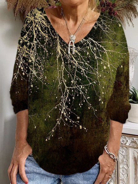 

Casual Floral V Neck Long Sleeve T-shirt, Green, T-shirts