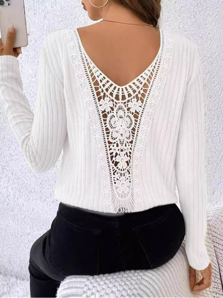 

Crew Neck Long Sleeve Plain Lace Regular Micro-Elasticity Loose Blouse For Women, White, Blouses