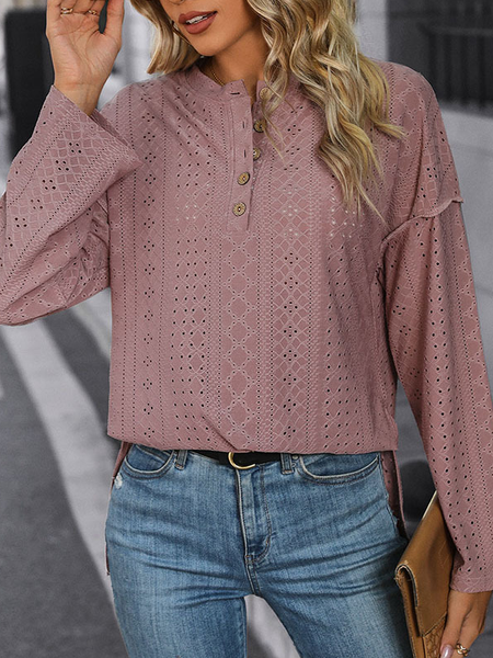 Women Plain Crew Neck Casual Long Sleeve T-shirt, Pink, Long Sleeves