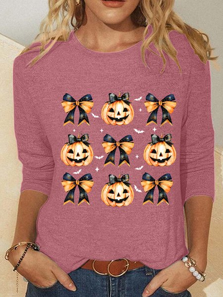 

Coquette Bow Halloween Pumpkin Casual Long Sleeve Shirt, Watermelon, Long sleeves