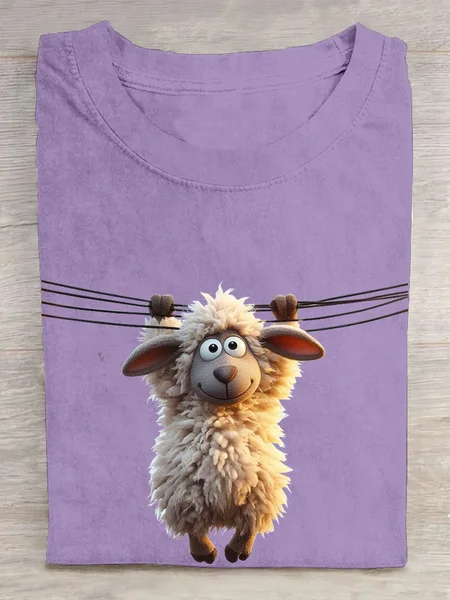 

Funny sheep print round neck casual short sleeved women's T-shirt, Purple, T-shirts