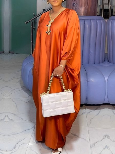 

V Neck Plain Elegant Loose Dress, Orange, Maxi Dresses