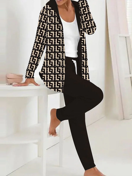

Women Geometric Hoodie Long Sleeve Comfy Casual Coat With Pants Two-Piece Set, Black, Sets