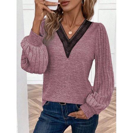 

V Neck Long Sleeve Plain Lace Regular Micro-Elasticity Loose Blouse For Women, Red, Blouses