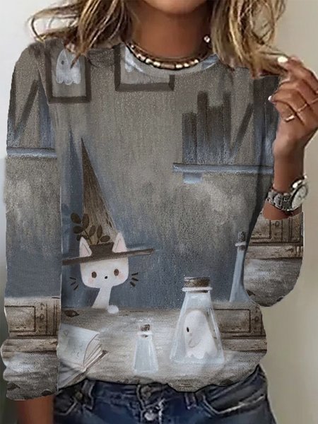 

Casual Halloween Crew Neck Long Sleeve T-shirt, Gray, T-shirts