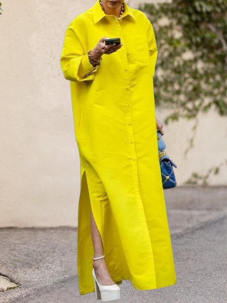 

Plain Loose Urban Long Sleeve Shirt Dress, Yellow, Maxi Dresses