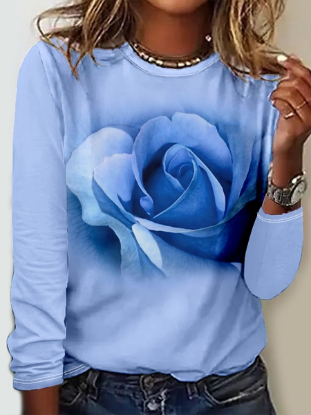 

Floral Crew Neck Regular Fit Casual Long Sleeve, Blue, Long sleeves