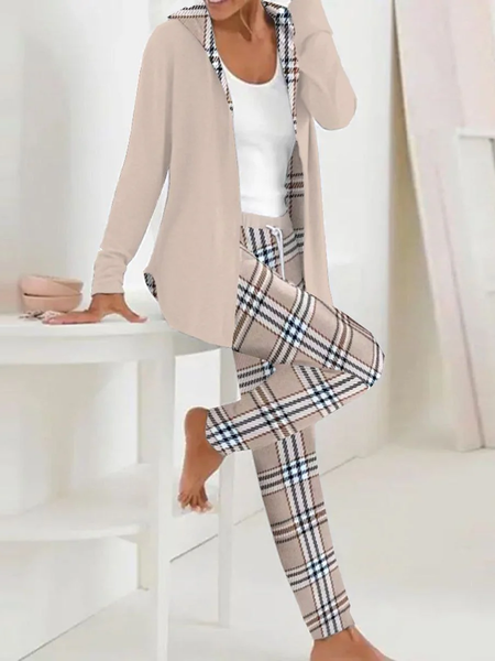 

Women's Plaid Daily Going Out Two Piece Set Long Sleeve Casual Spring/Fall Coat With Pants Matching Set, Light khaki, Suit Set