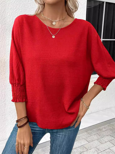 

Women's Three Quarter Sleeve Blouse Spring/Fall Plain Jersey Crew Neck Daily Going Out Casual Top, Red, Blouses