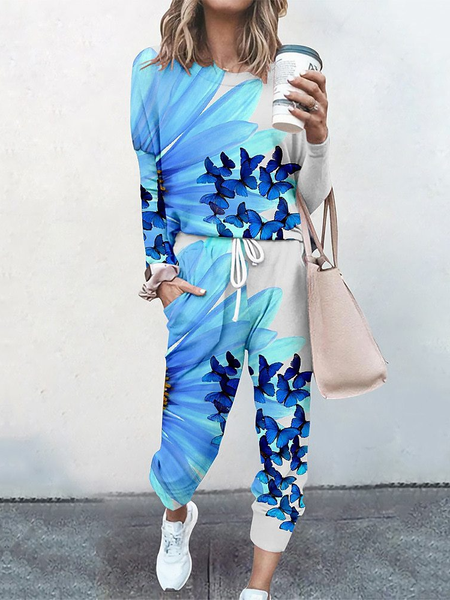 

Women Floral Crew Neck Long Sleeve Comfy Casual Top With Pants Two-Piece Set, Blue, Sets