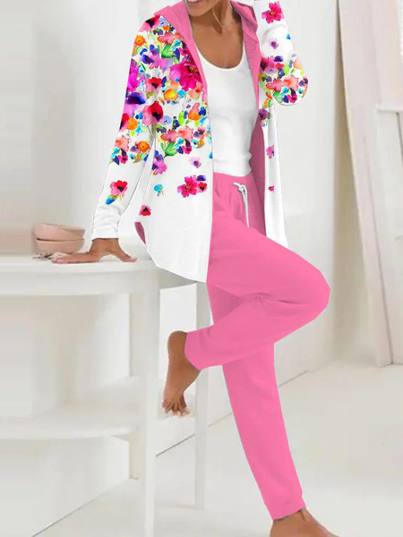 

Women Floral Hoodie Long Sleeve Comfy Casual Coat With Pants Two-Piece Set, Pink, Sets