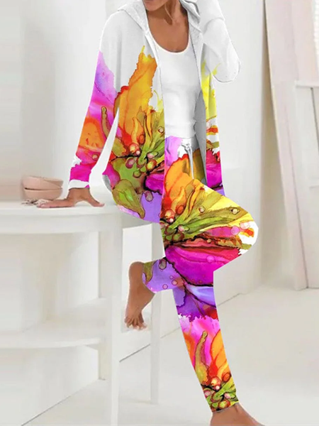 

Women Floral Hoodie Long Sleeve Comfy Casual Coat With Pants Two-Piece Set, Rose red, Sets