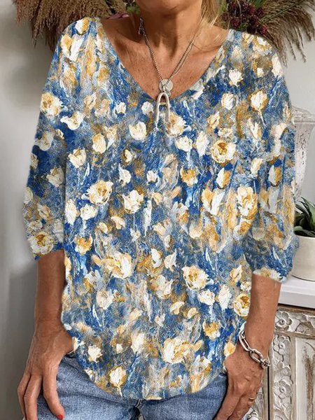 Casual Floral V Neck Long Sleeve T-shirt, Blue, T-shirts