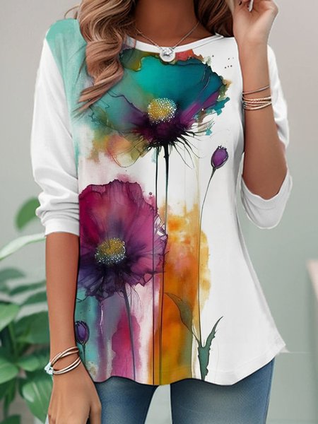 

Casual Floral Crew Neck Long Sleeve T-shirt, White, T-shirts
