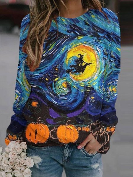 

Casual Crew Neck Halloween Sweatshirt, Blue, Hoodies & Sweatshirts
