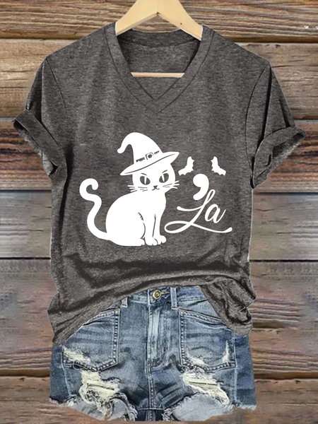 Cat Comma-la Halloween Simple Loose T-Shirt, Deep gray, T-shirts
