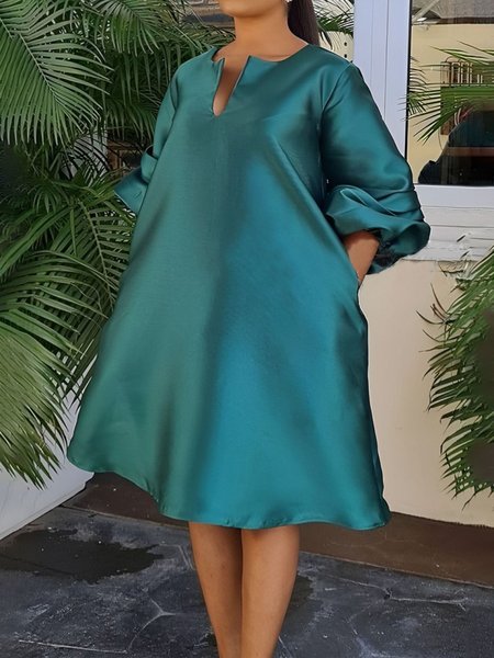 

Elegant Plain Balloon Sleeve Notched Dress, As picture, Midi Dresses