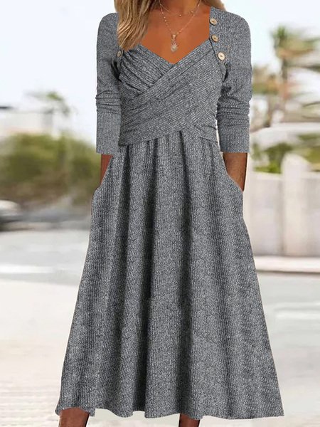 

Women Plain Long Sleeve Comfy Casual Lace Midi Dress, Gray, Dresses