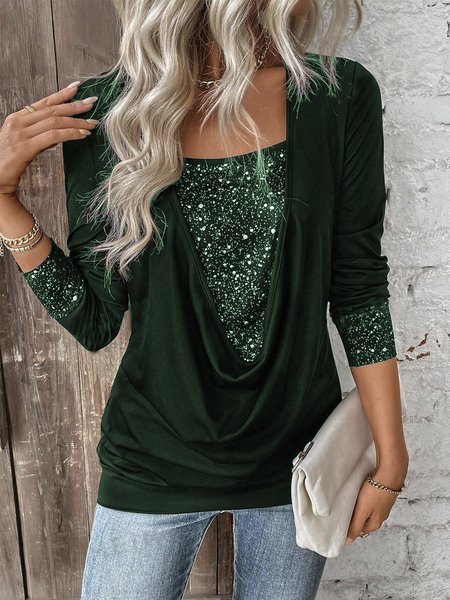 

Crew Neck Long Sleeve Polka Dots Lace Regular Micro-Elasticity Loose Mock Two-Piece Blouse For Women, Green, Blouses