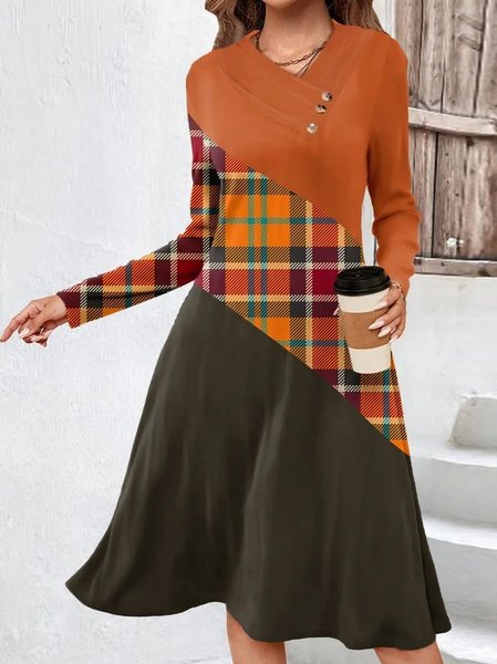 

Women Color Block Long Sleeve Comfy Casual Lace Midi Dress, Orange, Dresses