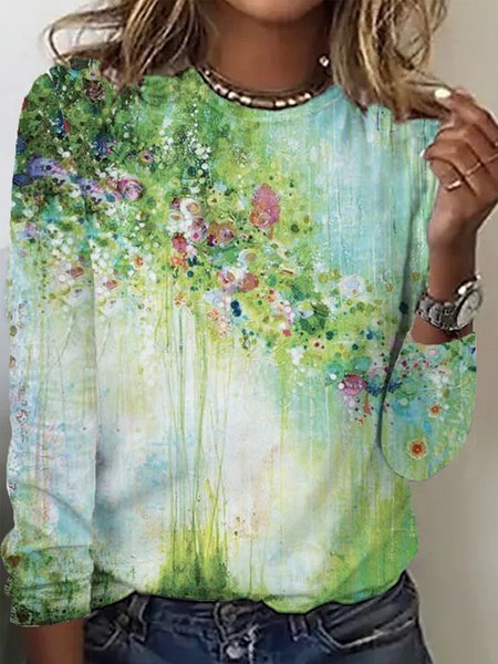 

Casual Floral Crew Neck Long Sleeve T-shirt, Green, T-shirts
