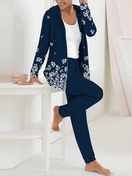 

Women Floral Hoodie Long Sleeve Comfy Casual Coat With Pants Two-Piece Set, Blue, Sets