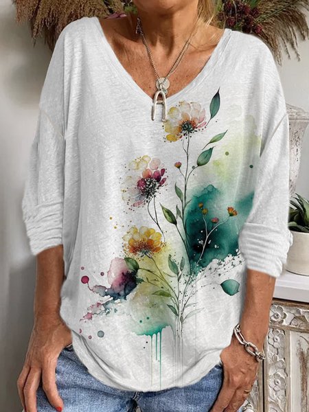 

Casual Floral V Neck Long Sleeve T-shirt, Green, T-shirts