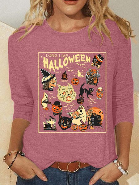 

Retro Halloween Spooky Season Tee Pumpkin Casual Long Sleeve Shirt, Watermelon, Long sleeves