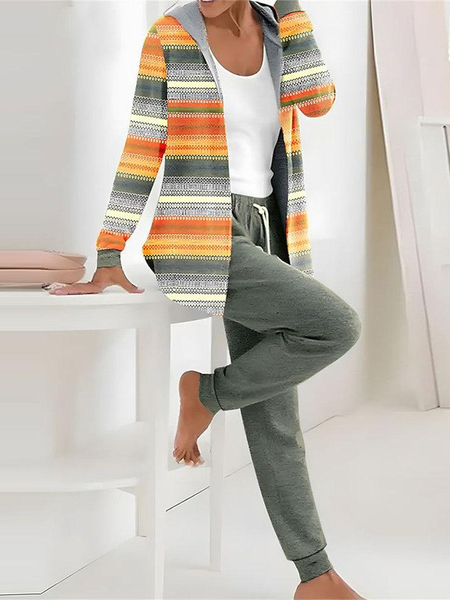 

Women Striped Hoodie Long Sleeve Comfy Casual Coat With Pants Two-Piece Set, Green, Sets