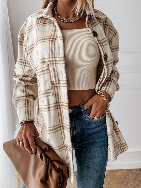 

Shawl Collar Plaid Casual Woolen Jacket, Apricot, Outerwear